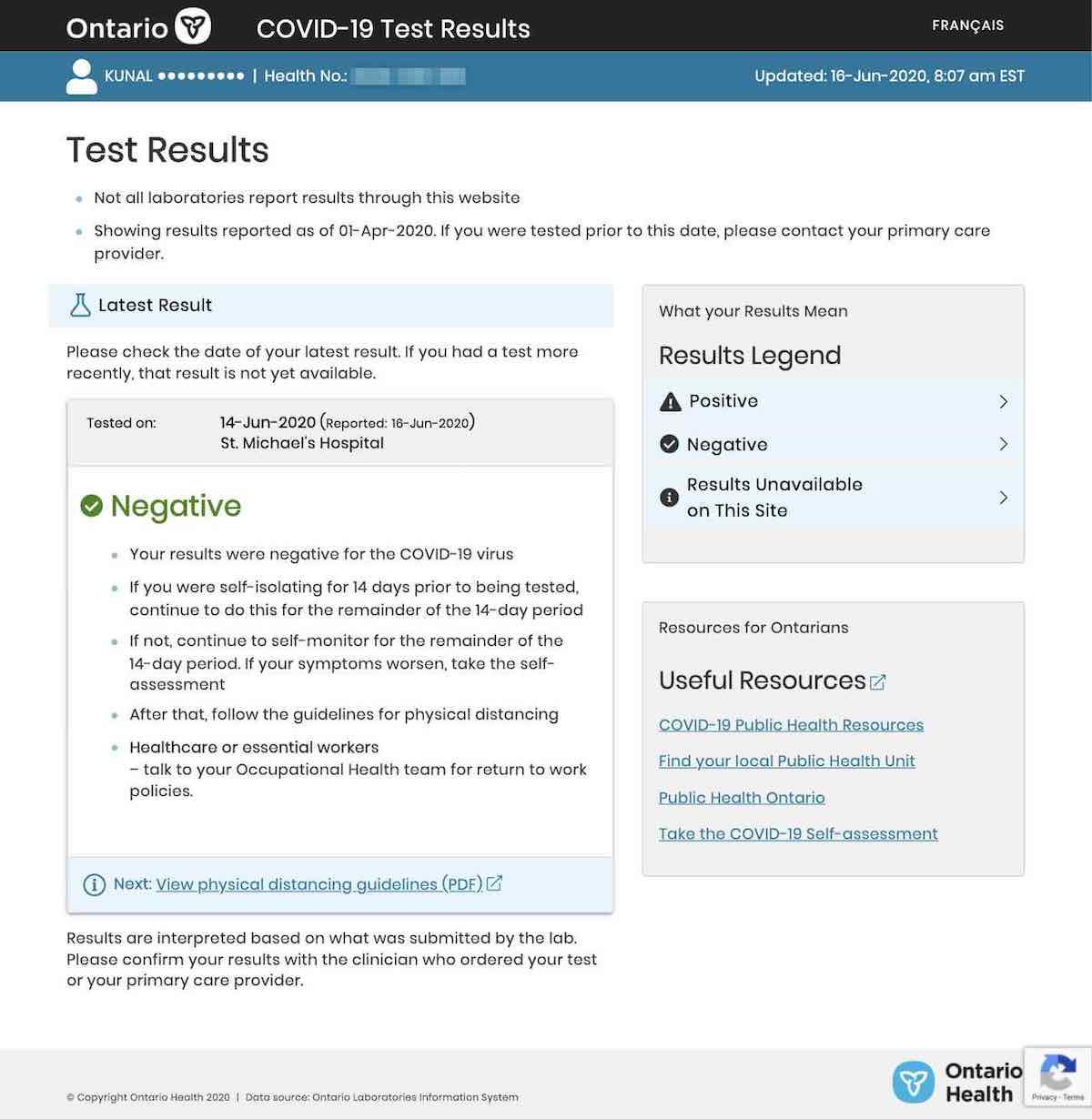 COVID-19 Test Results